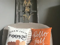 a chair with two pillows sitting on top of it