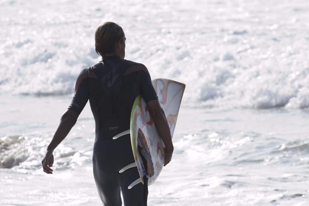 a man in a wet suit carrying a surfboard into the ocean