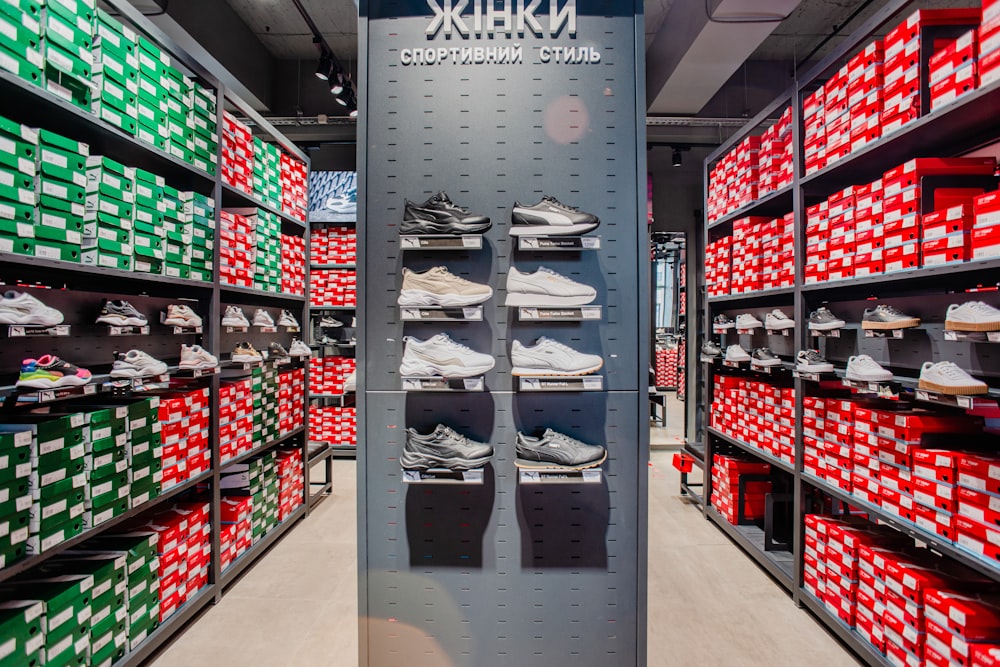 a display of shoes in a shoe store