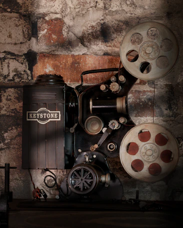 a film projector sitting on top of a wooden table