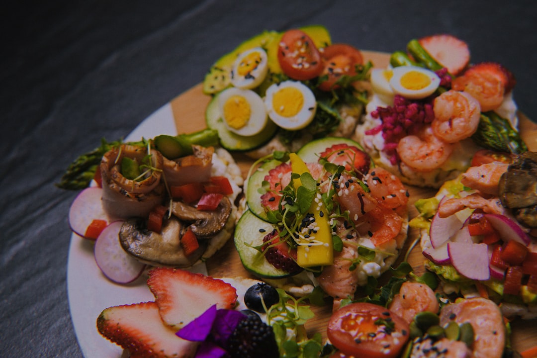 a white plate topped with lots of food,