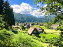 A tranquil rural scene featuring traditional thatched-roof houses nestled within lush greenery. Tall trees frame the image, and rolling hills stretch into the horizon under a bright blue sky filled with fluffy white clouds.