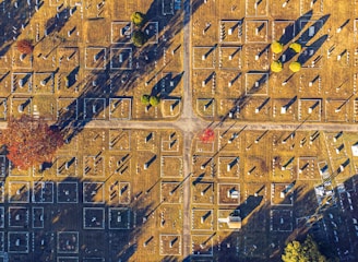 an aerial view of a parking lot in the fall