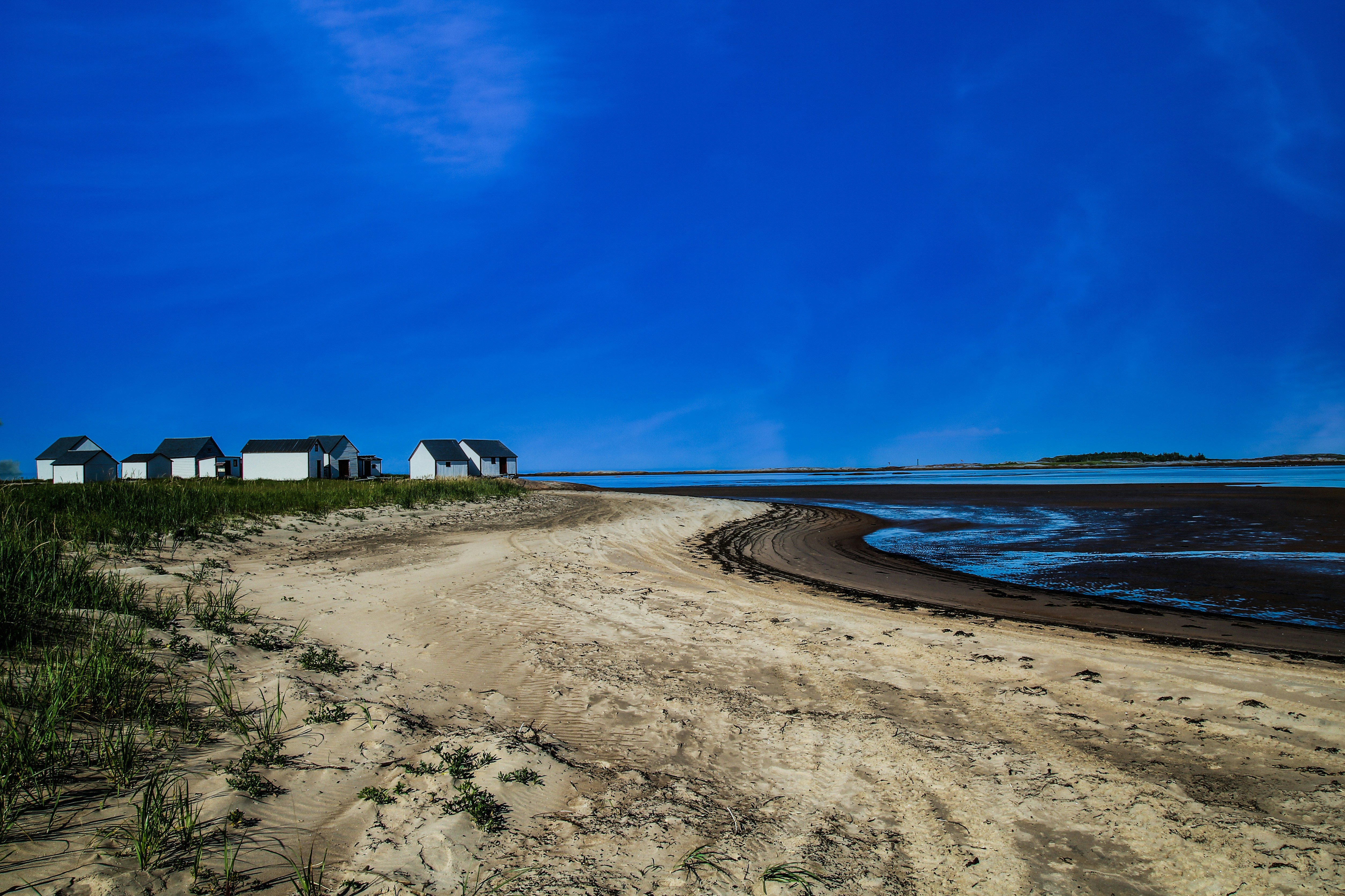 A sandy beach with houses on it under a blue sky photo Free Canada