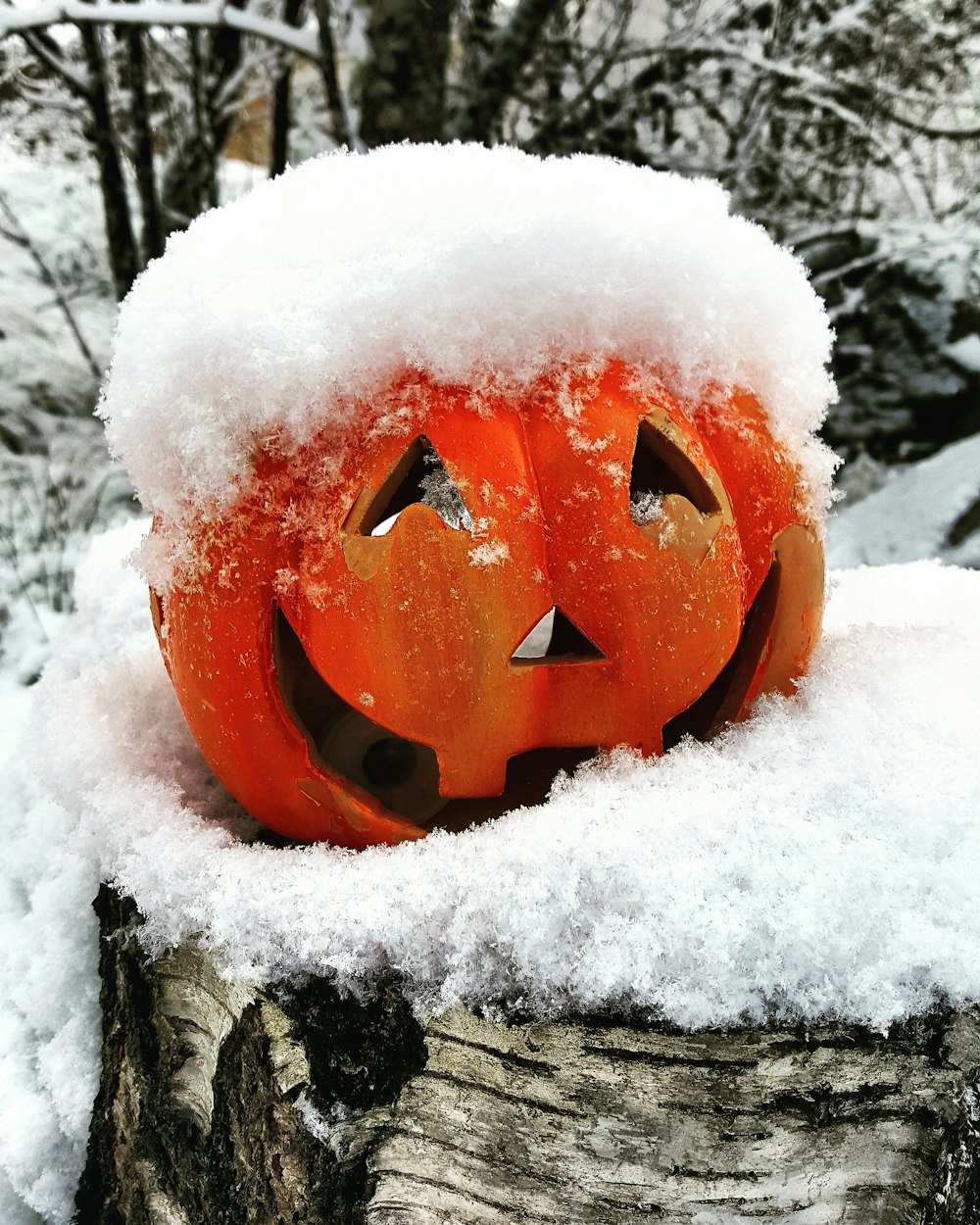 a carved pumpkin sitting on top of a tree stump