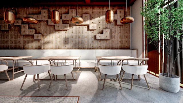 Copper Pendant Dining Area — commercial cafeteria & pantry interior design