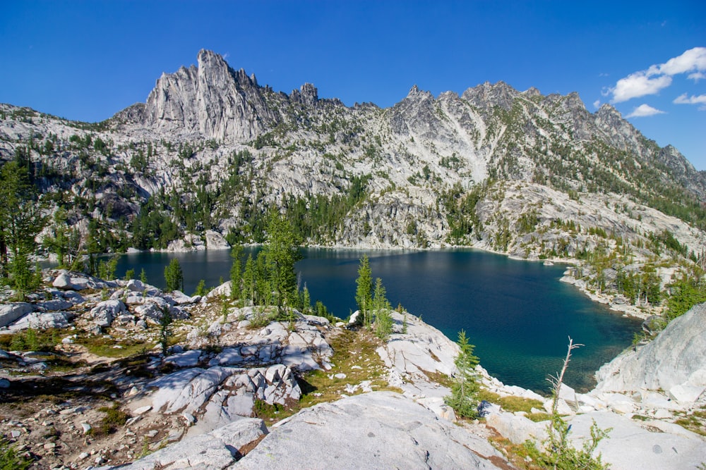 a mountain lake surrounded by trees and rocks