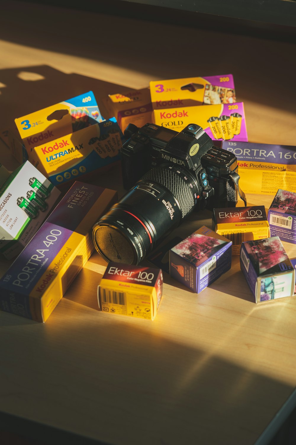 a camera sitting on top of a wooden table