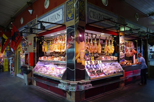 a man standing in front of a store filled with meat