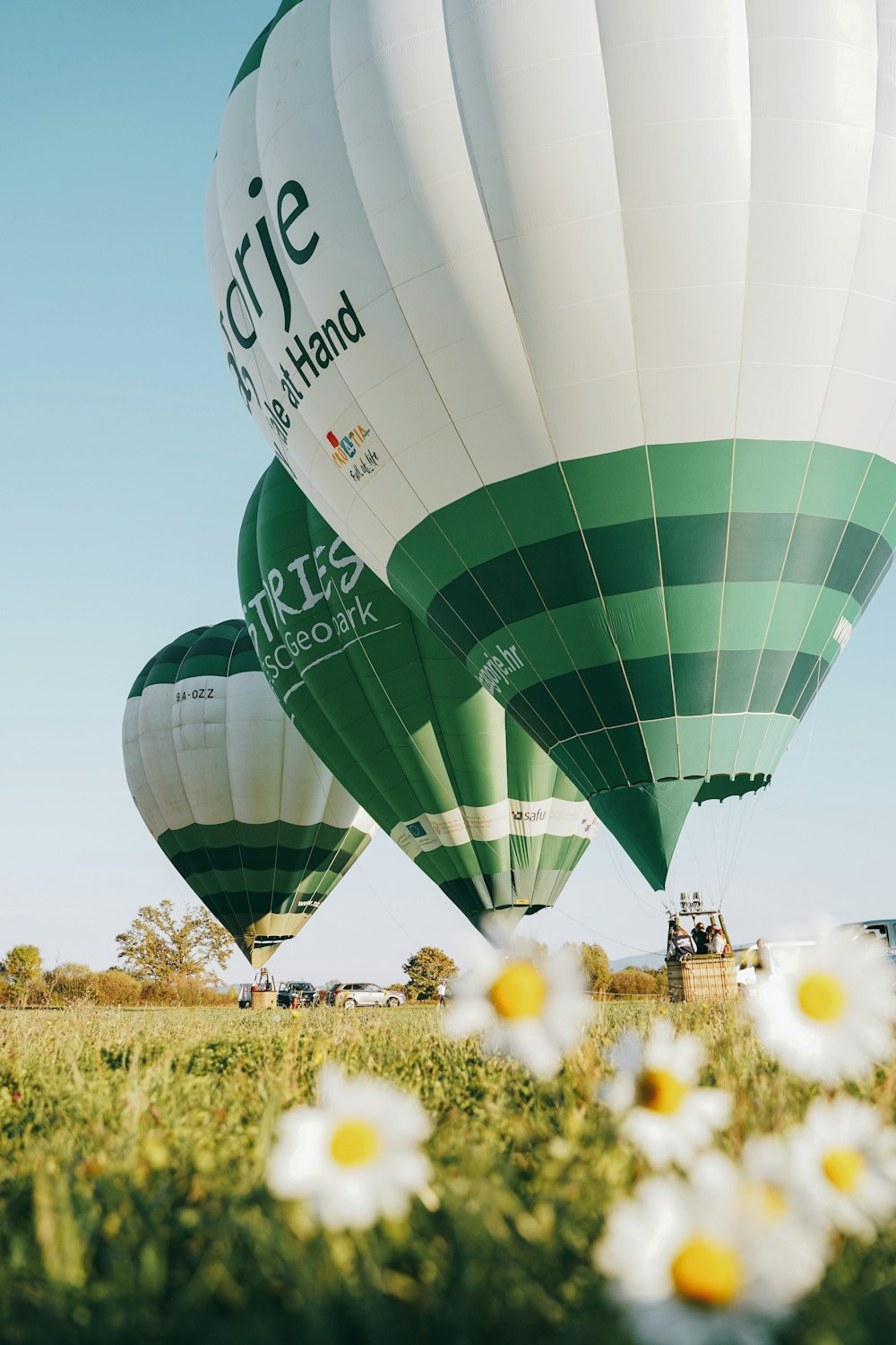 a couple of hot air balloons flying over a field