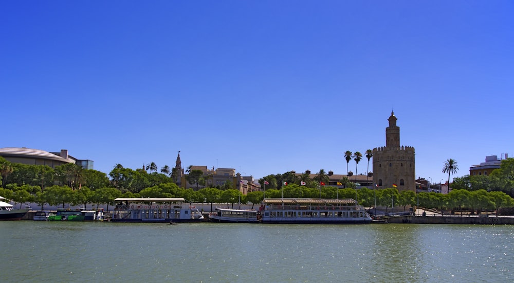 a large body of water with a clock tower in the background