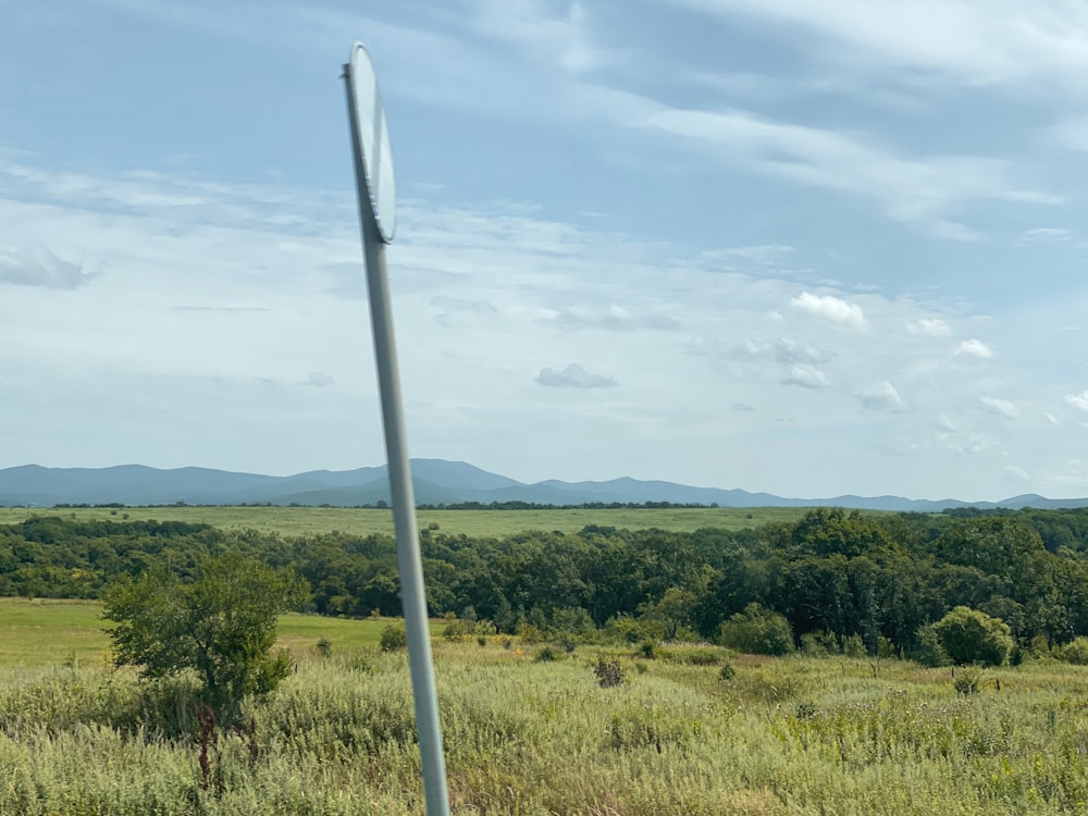 a pole in a field with mountains in the background