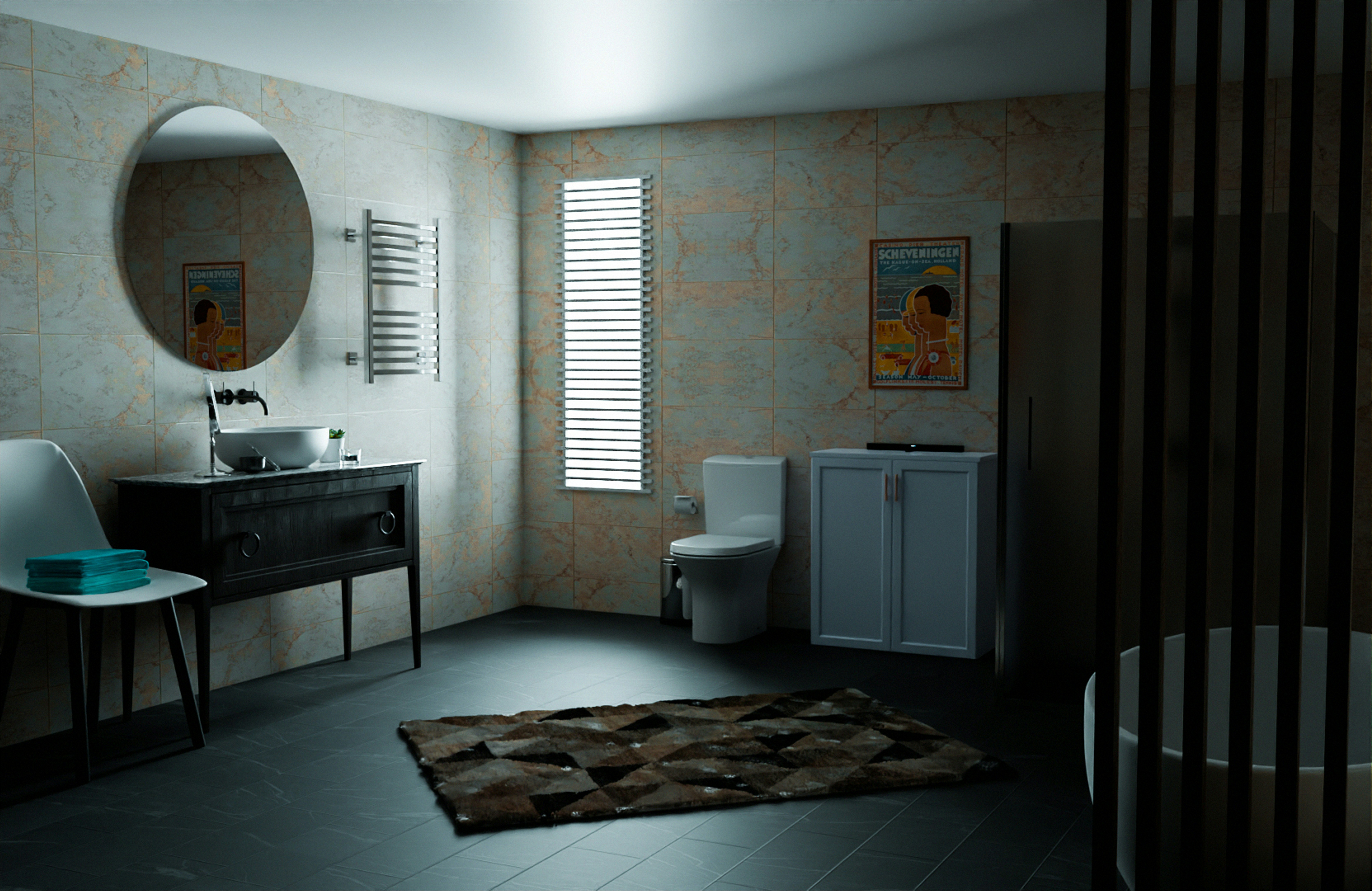 a bathroom with a sink, toilet, mirror and a rug