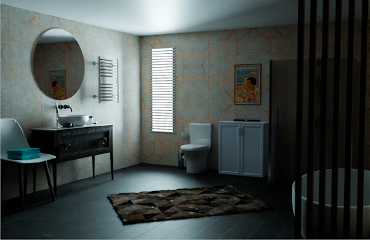 a bathroom with a sink, toilet, mirror and a rug