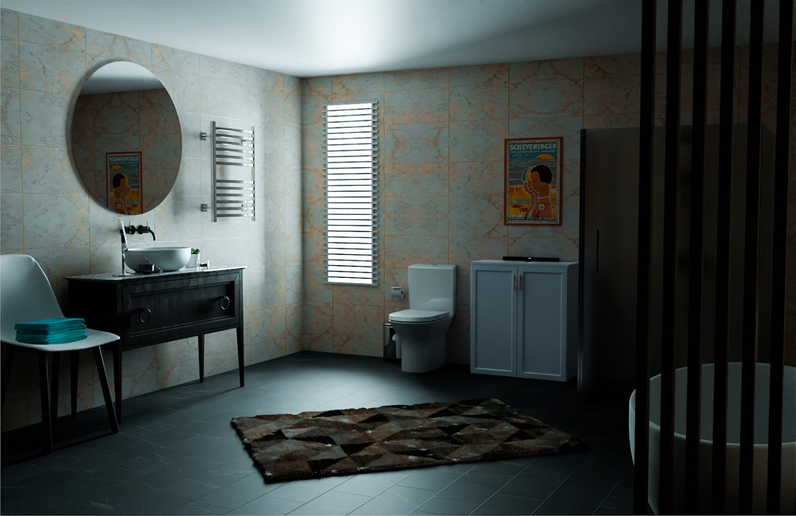 A small bathroom layout with a sink, toilet, mirror, and rug