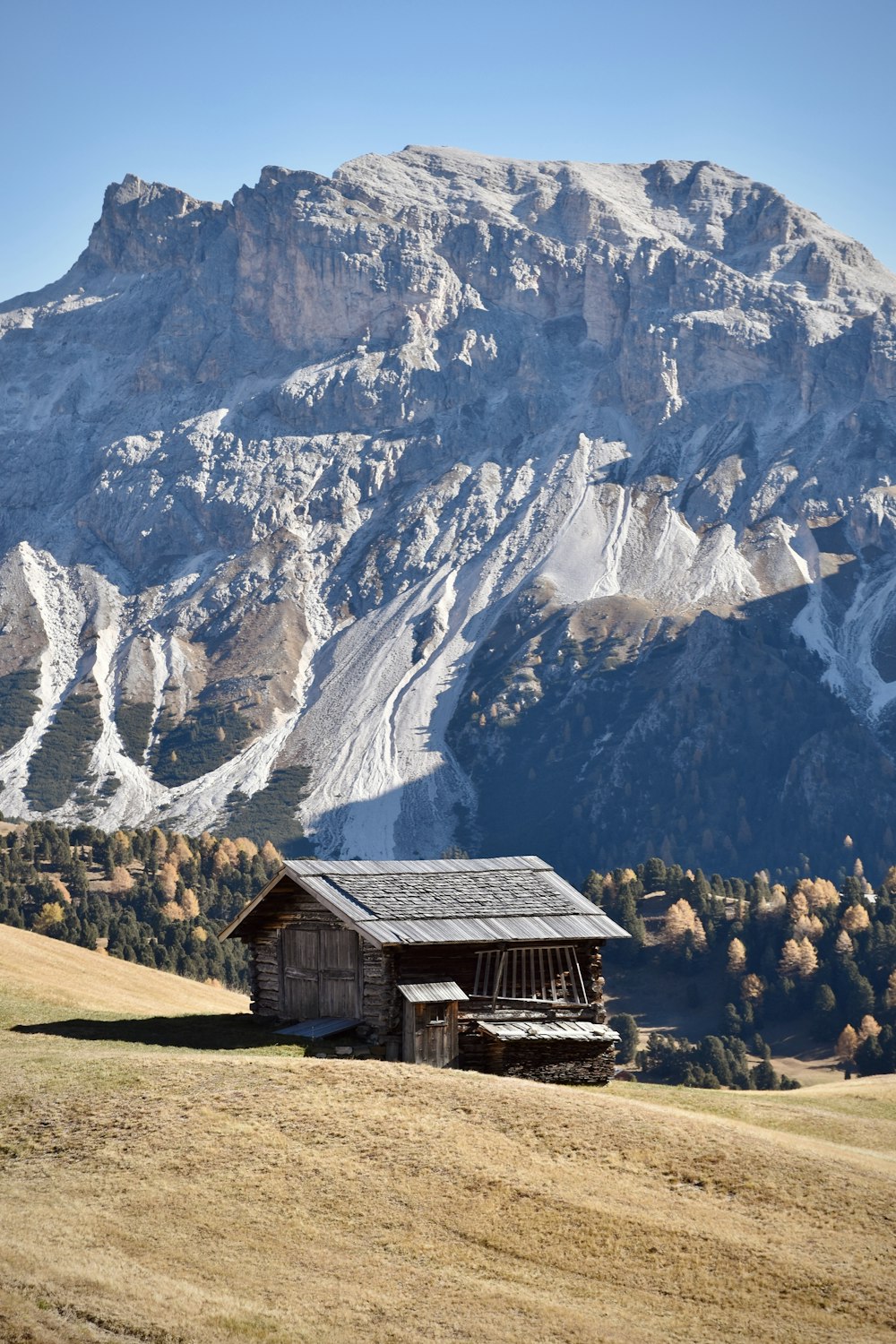 a small cabin in a field with mountains in the background