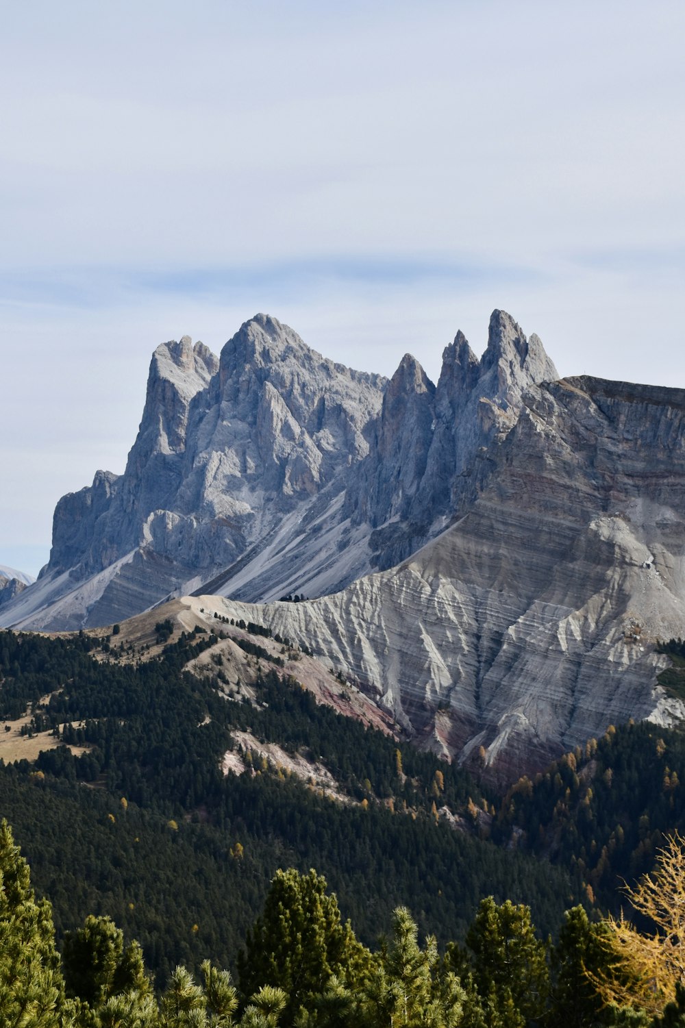 a view of a mountain range with trees in the foreground