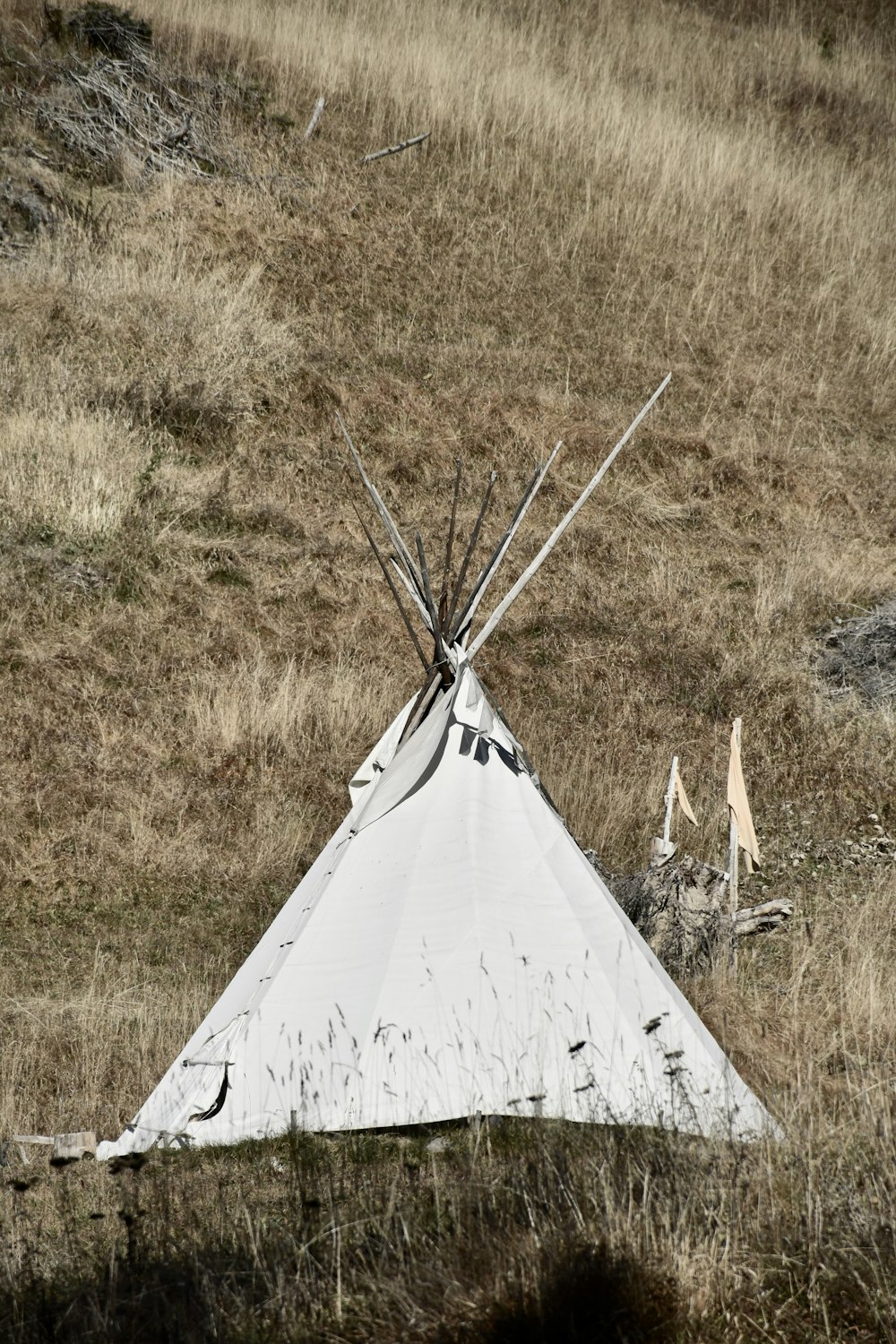 a teepee sitting on top of a dry grass field