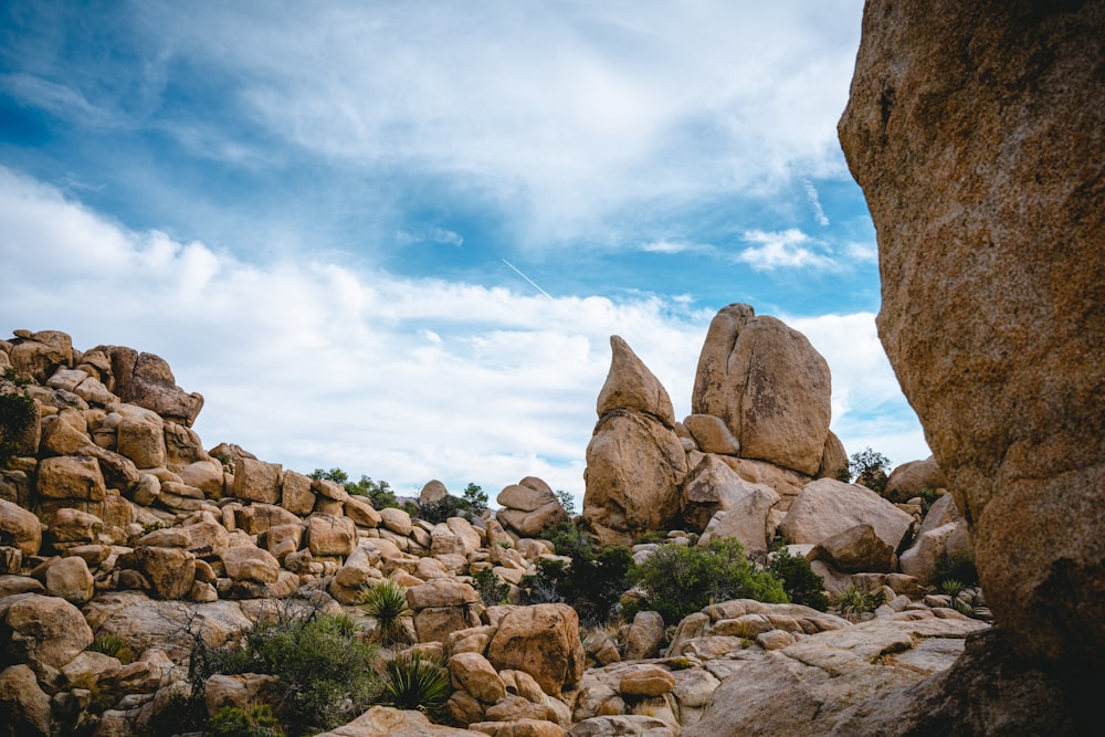 a rocky landscape with rocks and trees under a cloudy blue sky