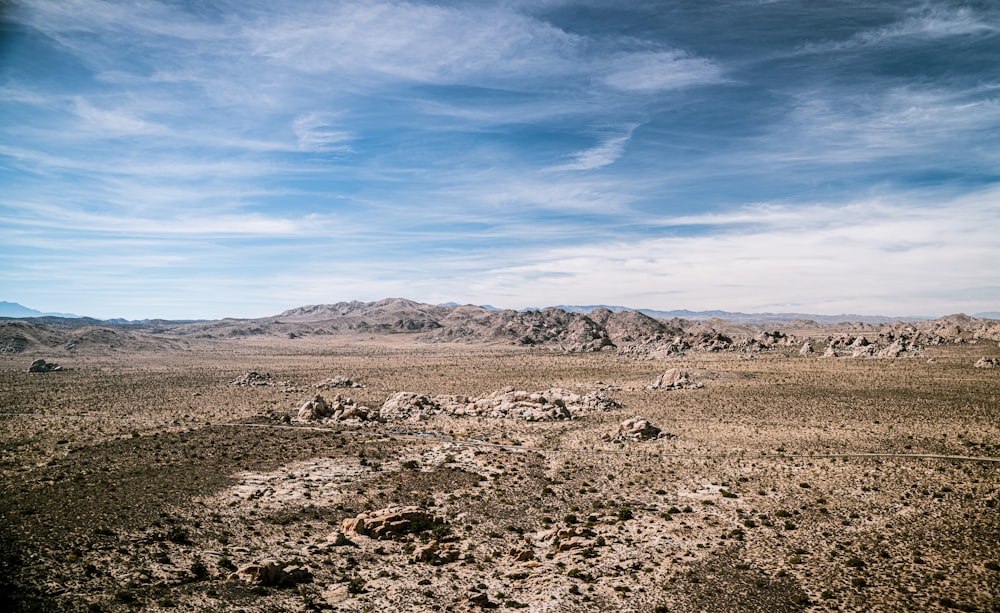 Una vista de un desierto con rocas y montañas en el fondo