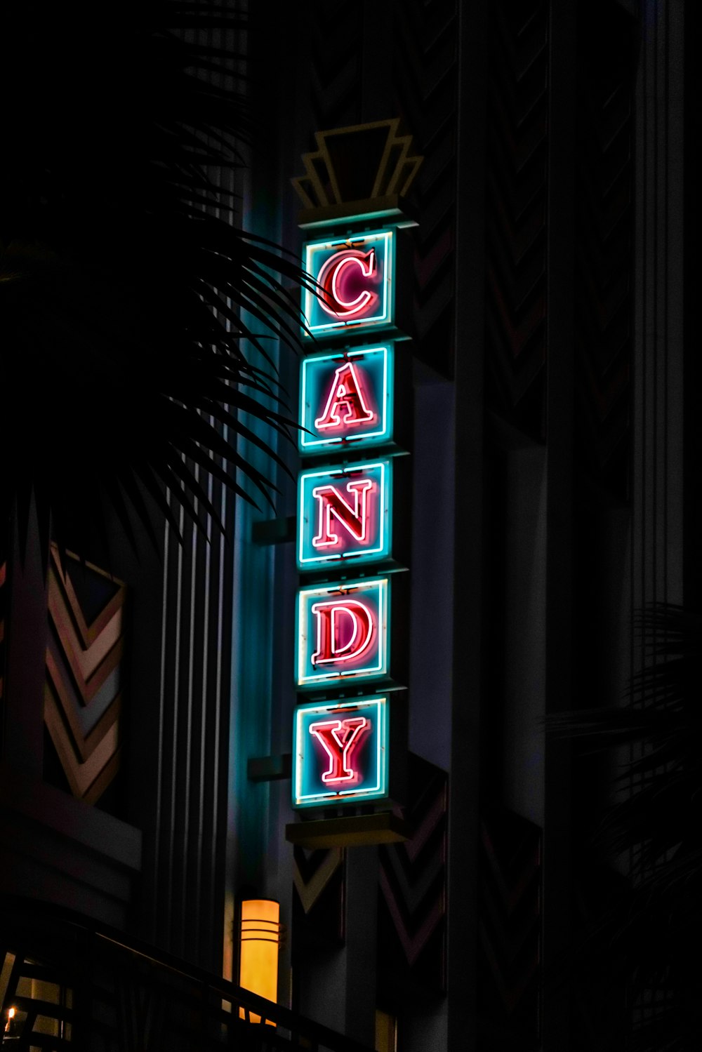 a neon sign that says candy on the side of a building