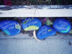 three painted rocks with words written on them