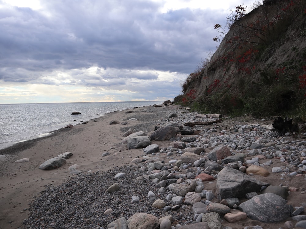 a rocky beach next to the ocean under a cloudy sky