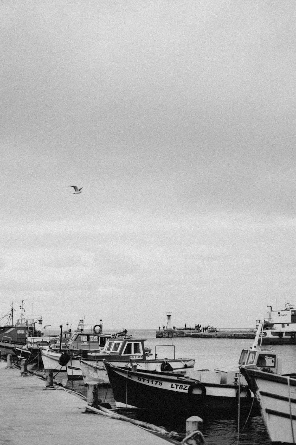 a black and white photo of boats docked at a pier