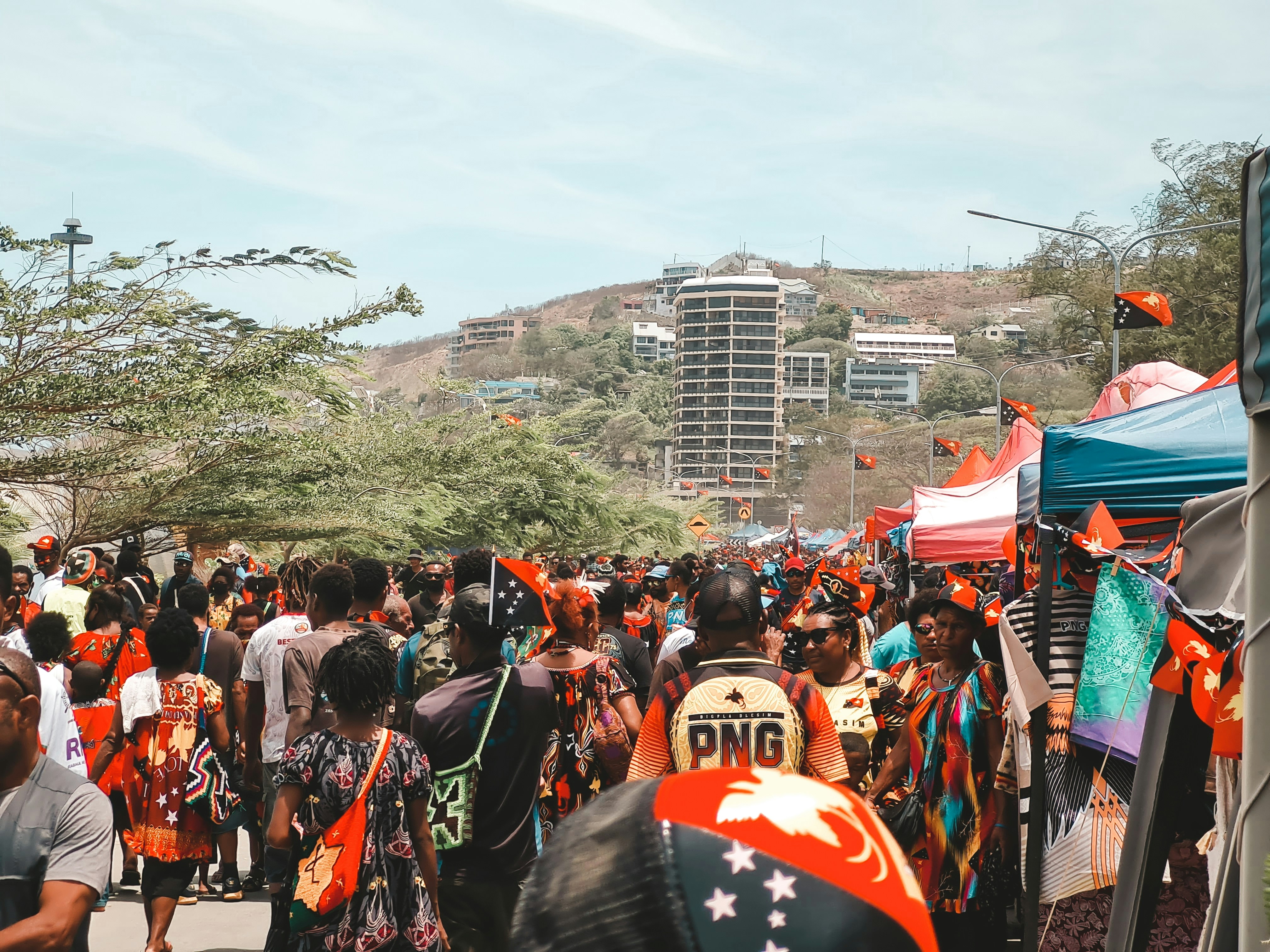 Outdoor festival crowd in park, bright summer daylight, colorful banners, festive atmosphere