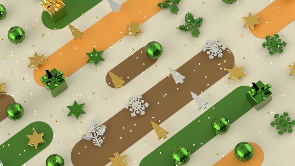 Un grupo de decoraciones navideñas verdes y doradas