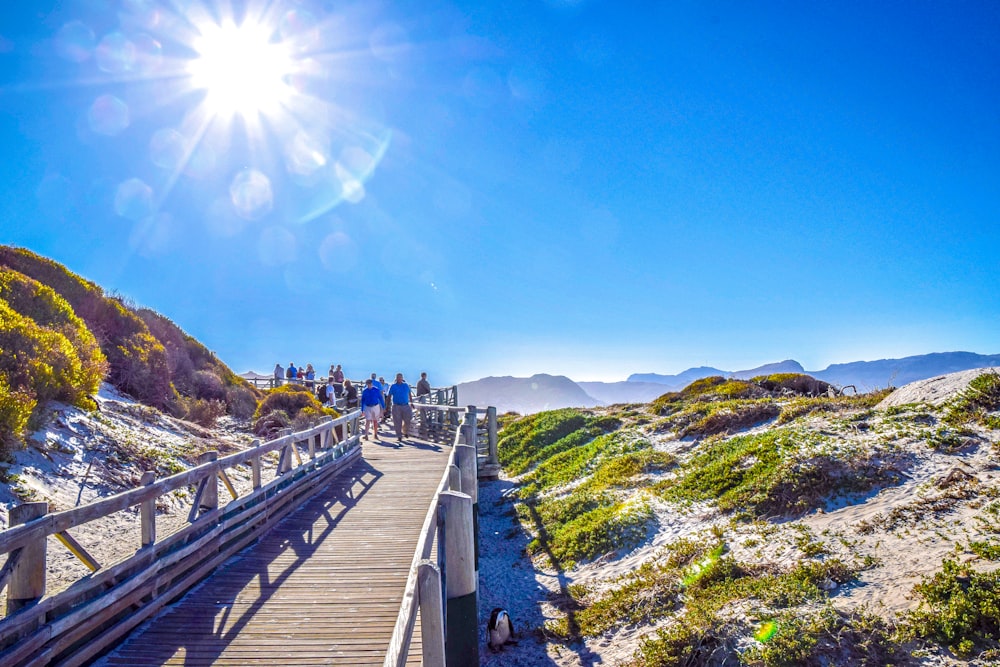 a group of people walking across a wooden bridge