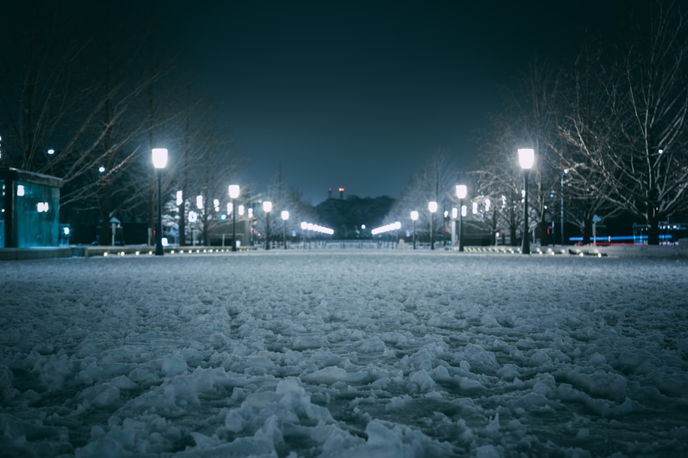 a snow covered park at night with street lights