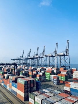 A large port with numerous shipping containers organized in stacks. Multiple large cranes are lined up, likely used for loading and unloading the containers. The sky is clear with a light blue hue.
