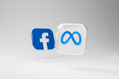Two logos are depicted. The left one has a white cutout of a lowercase letter 'f' on a blue square with slightly rounded corners. The right logo displays a blue, symmetrical infinity symbol on a square with rounded corners, bordered with a clear, glossy effect on a white background.