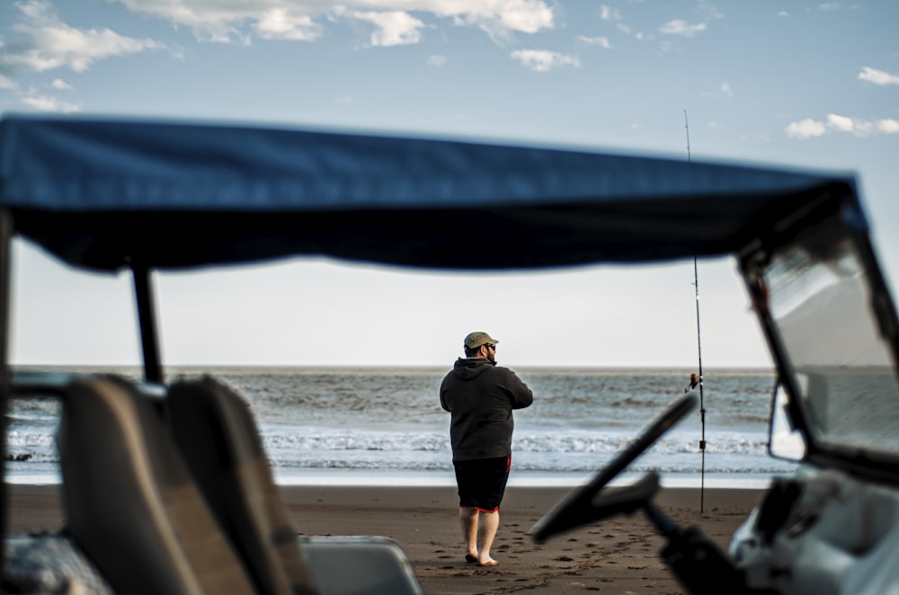 a man standing on a beach holding a fishing pole