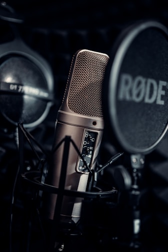 a close up of a microphone in a recording studio