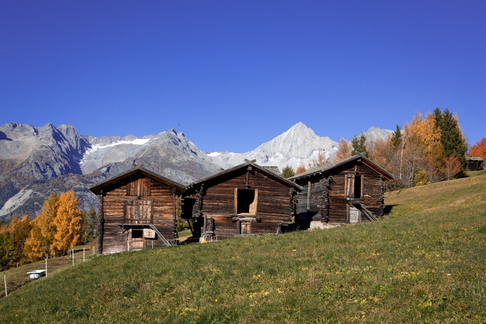 a couple of wooden buildings sitting on top of a lush green hillside