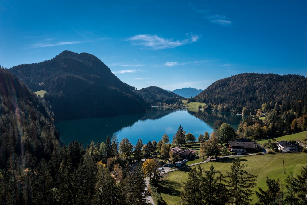 a scenic view of a lake surrounded by mountains