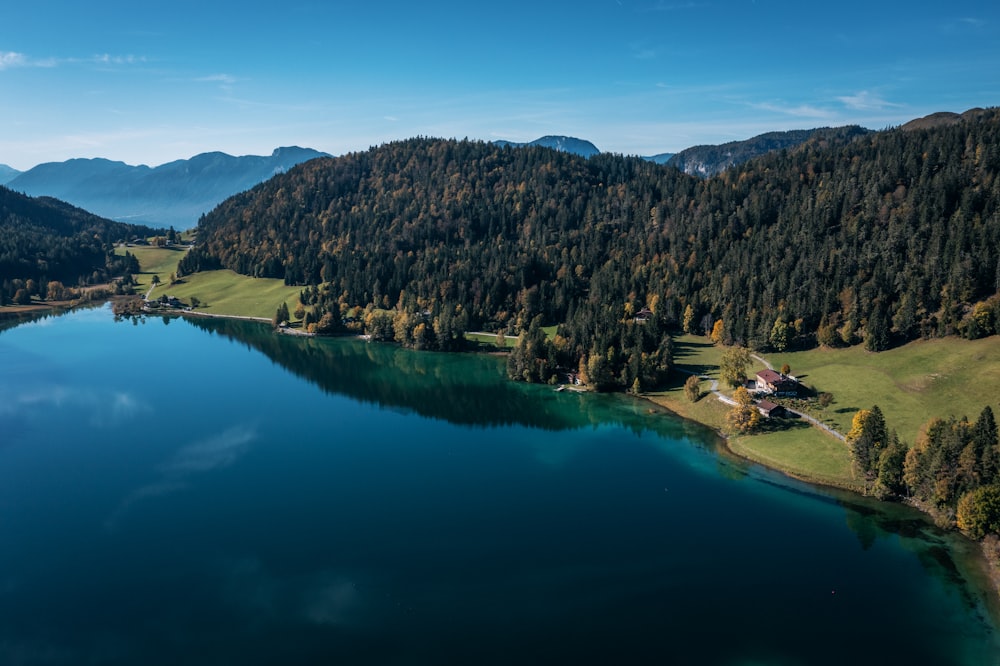 an aerial view of a lake surrounded by mountains