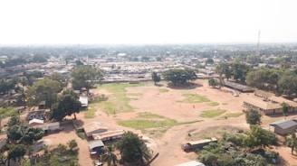 An aerial view of a vast, open area with patches of grass and dry soil. The landscape includes several buildings scattered around the foreground and more densely packed structures in the background, suggesting a community or town. Trees are interspersed throughout the area, providing greenery. A few people can be seen walking or standing in the open field.