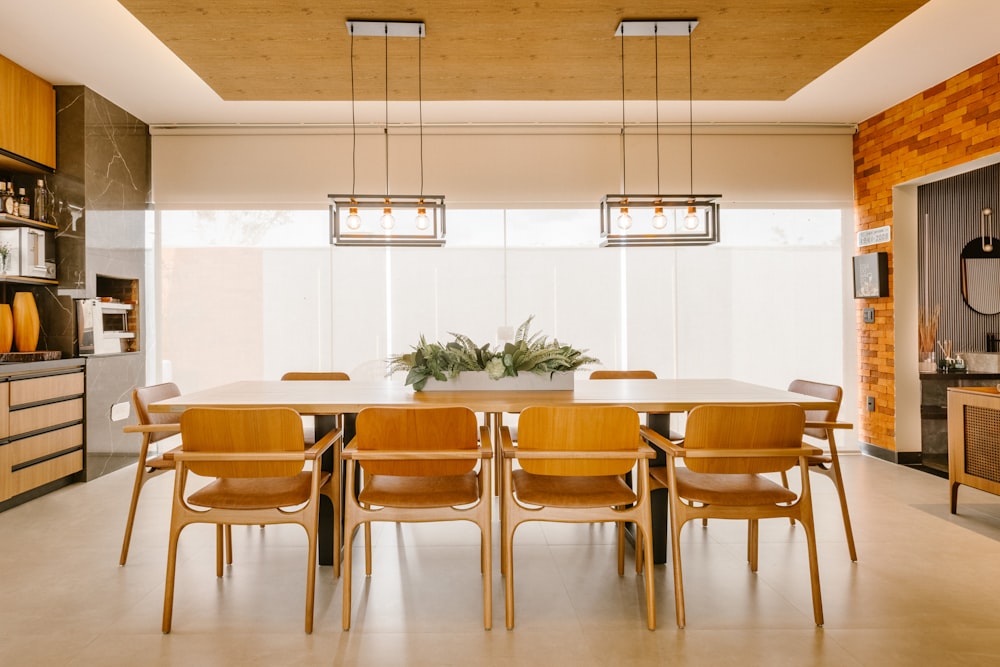 a kitchen with a dining room table