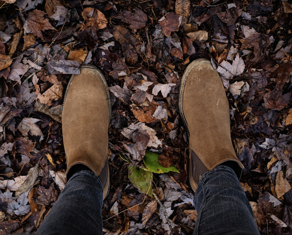 a person standing on a leaf covered ground