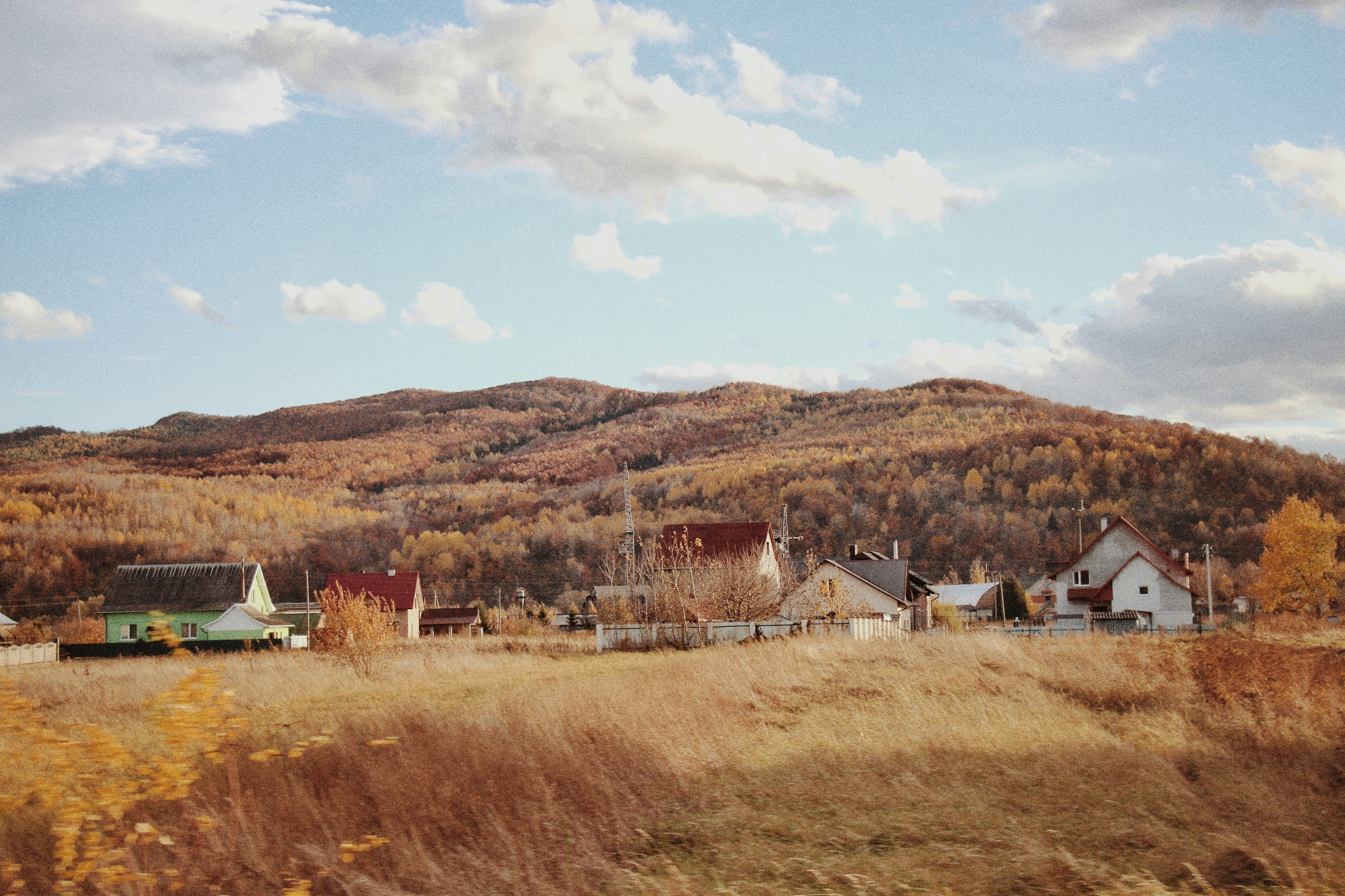 a field with houses and mountains in the background
