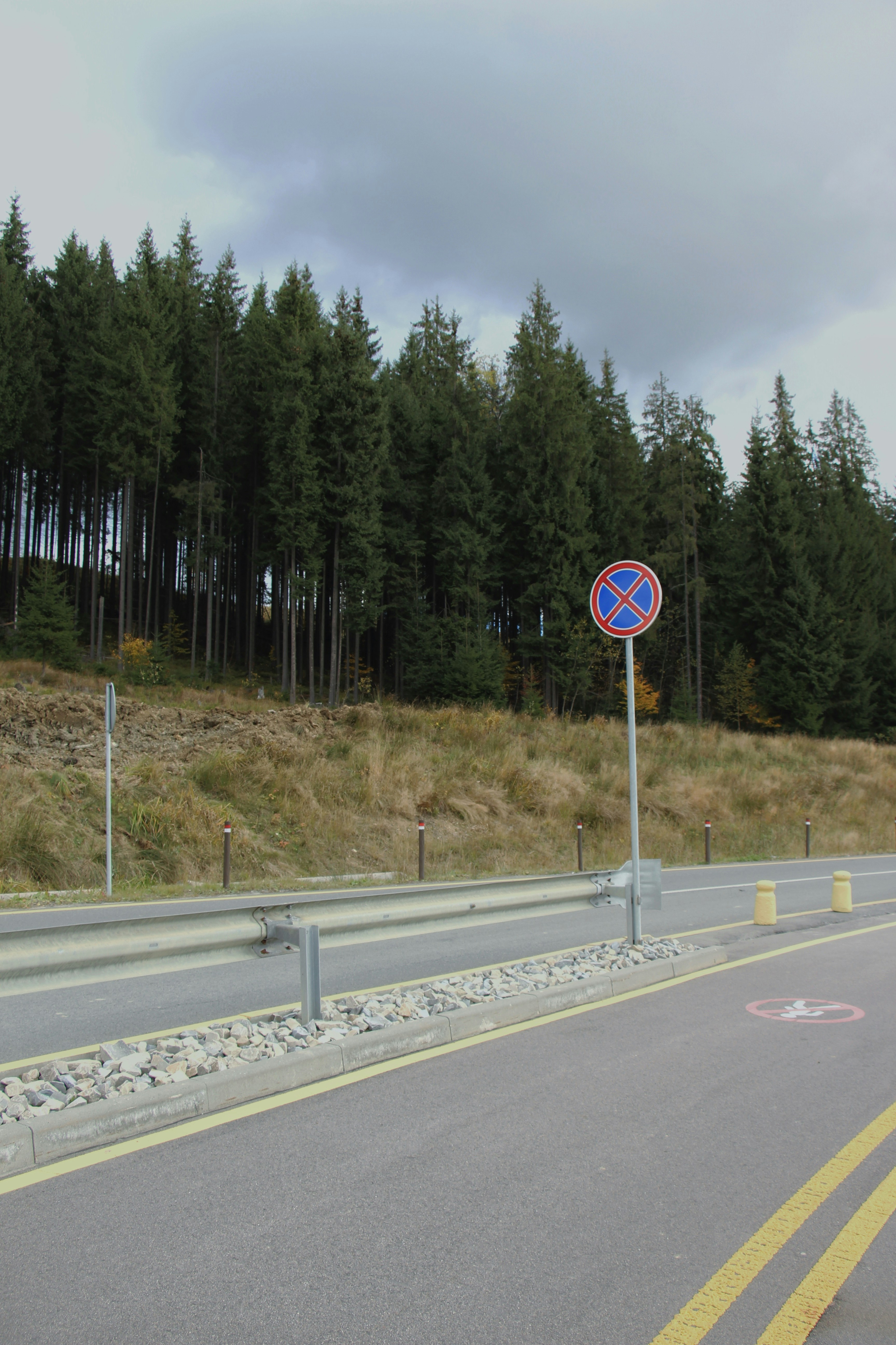 a blue and red sign sitting on the side of a road