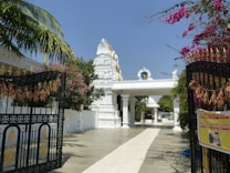 A white Hindu temple structure with ornate carvings is visible, surrounded by lush greenery and colorful flowers. The open gates to the temple are adorned with decorations, and a pathway leads up to the main building. Palm trees and flowering plants add to the serene atmosphere.