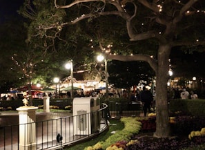 Twilight scene of the park's walking paths lit by soft lanterns during an evening gathering.
