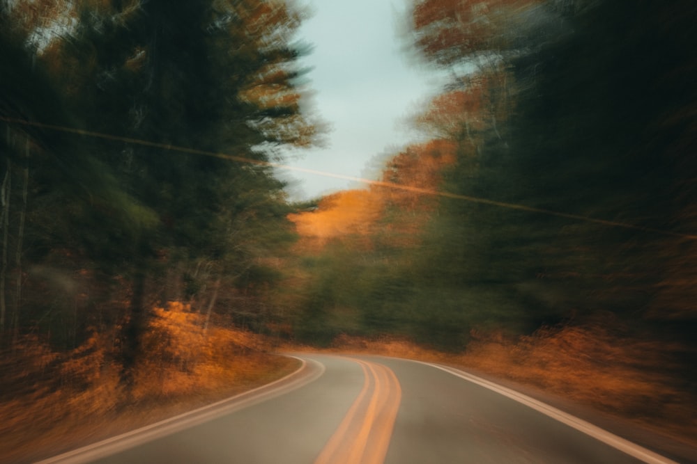 a blurry photo of a road in the woods