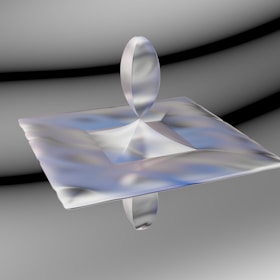 A glossy, high-detail 3D model of a futuristic product floating against a clean white and blue background.