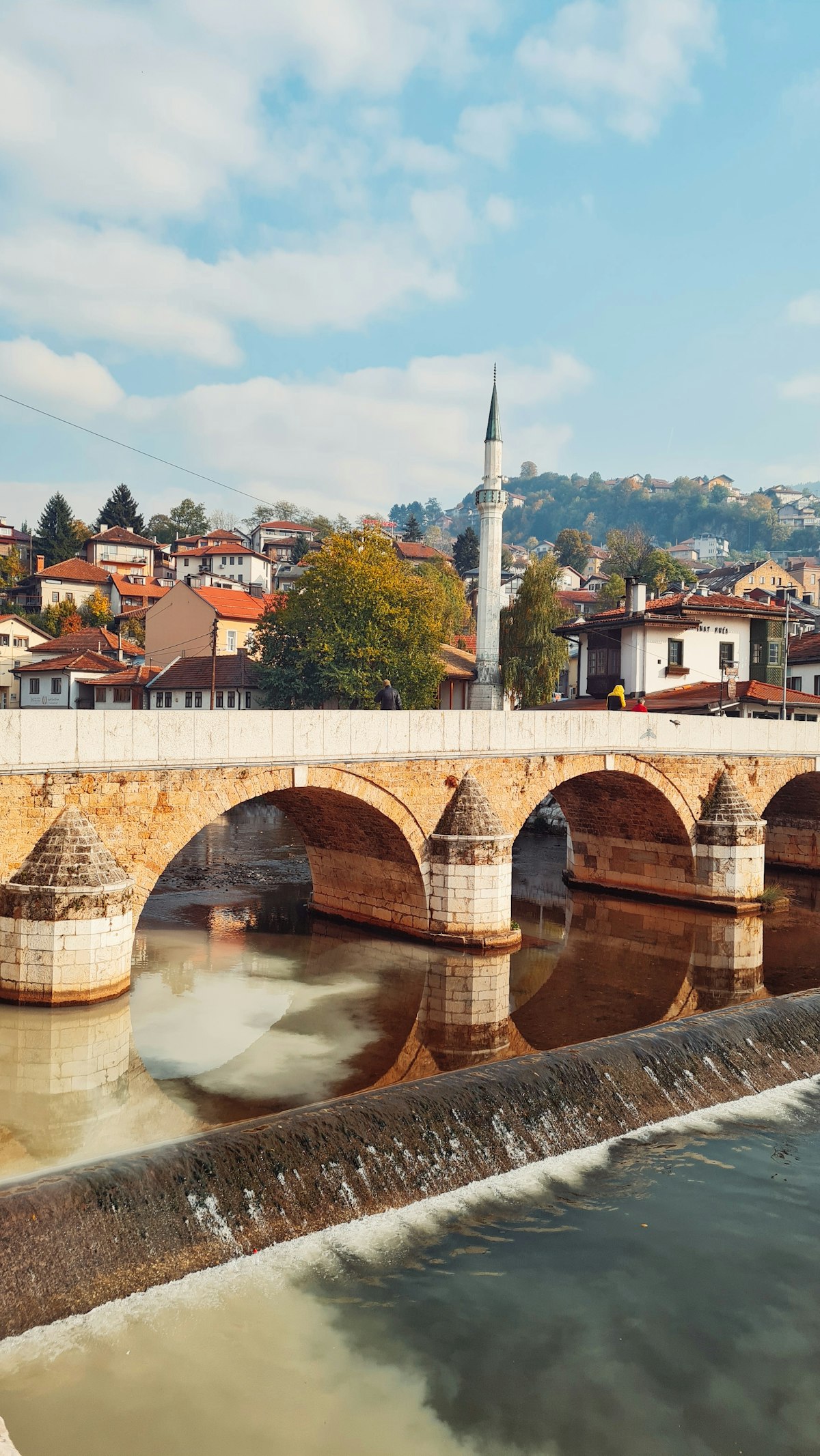 Miljacka river through central Sarajevo in early spring