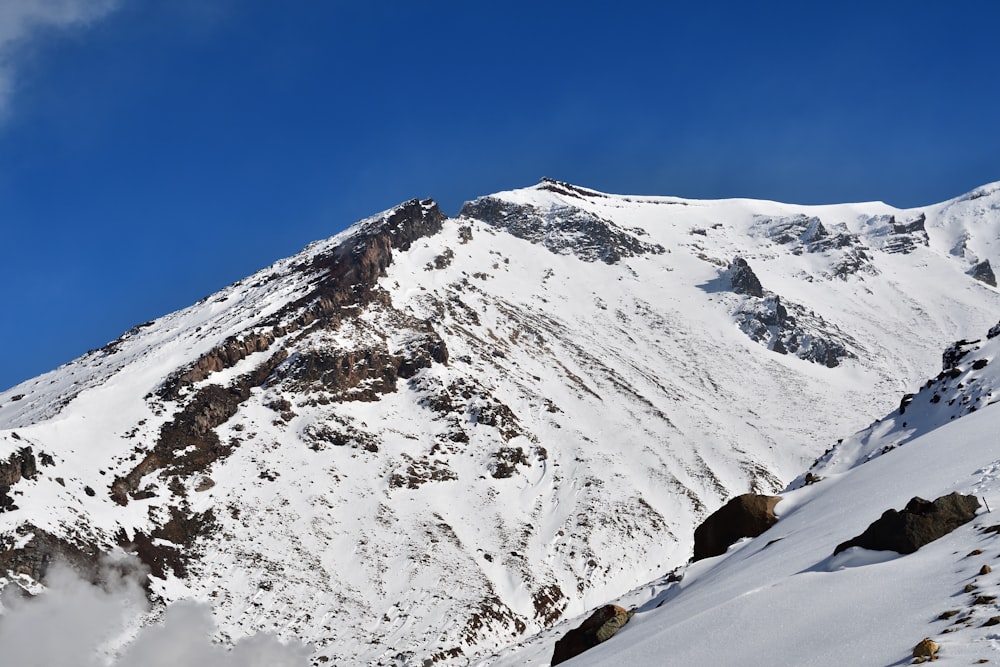 a mountain covered in snow under a blue sky